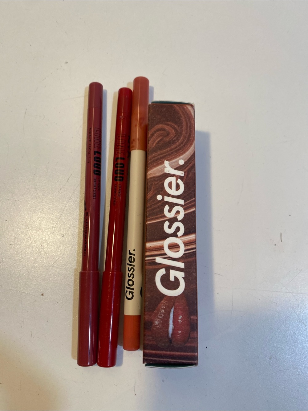 Glossier Hot Cocoa Balm in Deep Red-Brown Shade and 3 Lip  Pencil Bundle